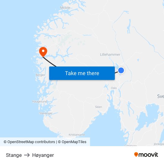 Stange to Høyanger map