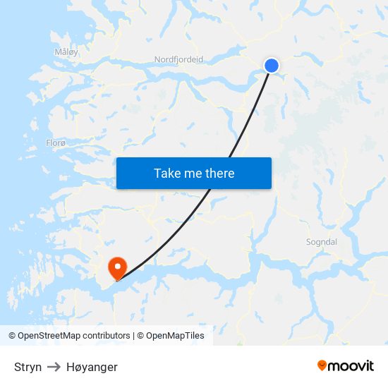 Stryn to Høyanger map