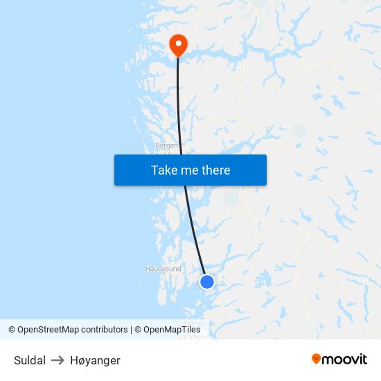 Suldal to Høyanger map