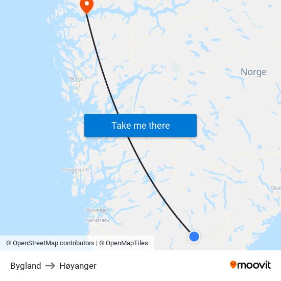 Bygland to Høyanger map