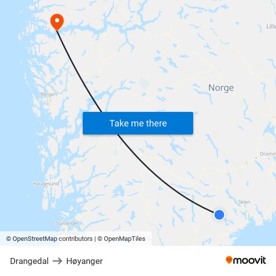Drangedal to Høyanger map
