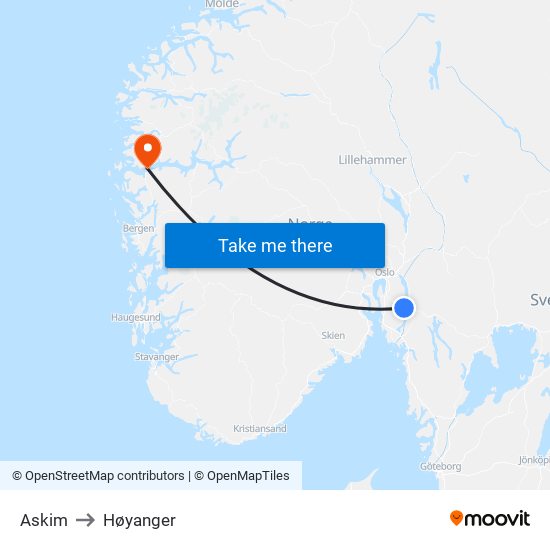 Askim to Høyanger map