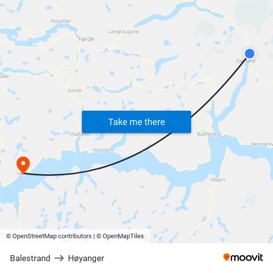 Balestrand to Høyanger map