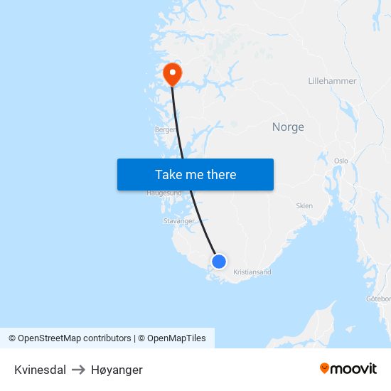 Kvinesdal to Høyanger map