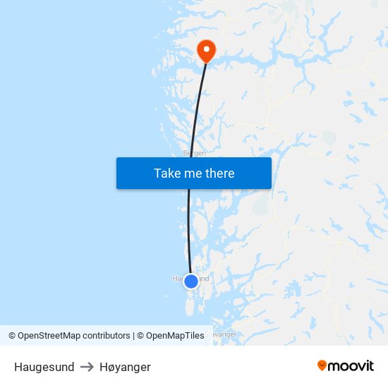 Haugesund to Høyanger map