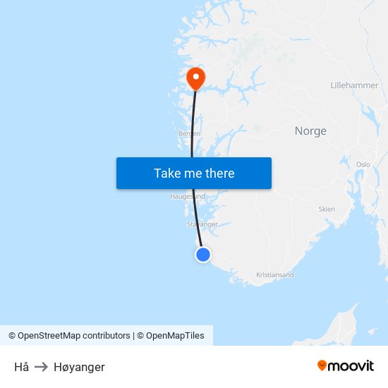 Hå to Høyanger map