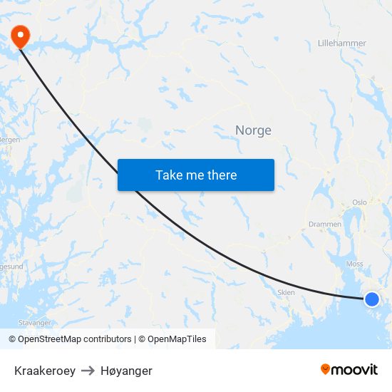 Kraakeroey to Høyanger map