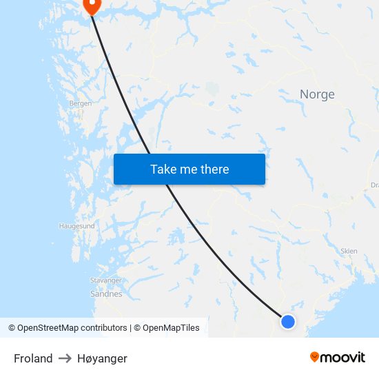 Froland to Høyanger map