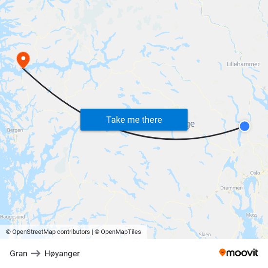 Gran to Høyanger map