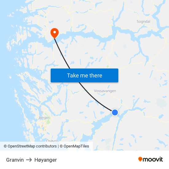 Granvin to Høyanger map