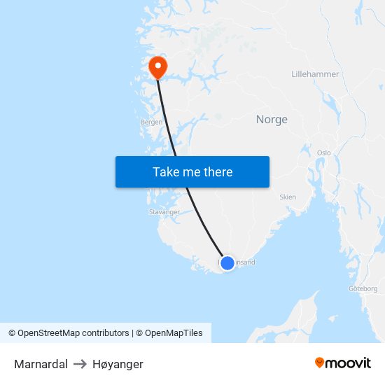 Marnardal to Høyanger map