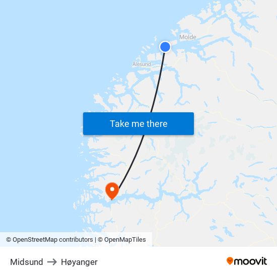 Midsund to Høyanger map