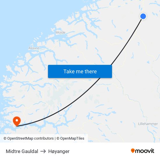 Midtre Gauldal to Høyanger map