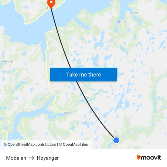 Modalen to Høyanger map