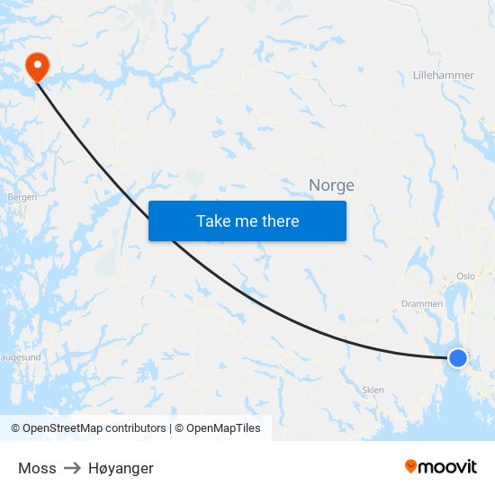 Moss to Høyanger map