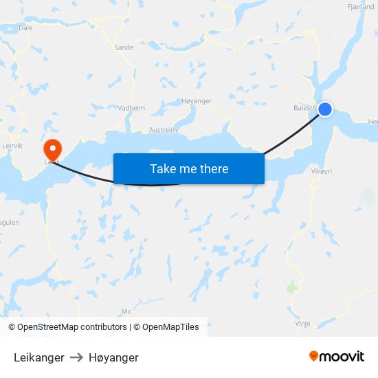 Leikanger to Høyanger map