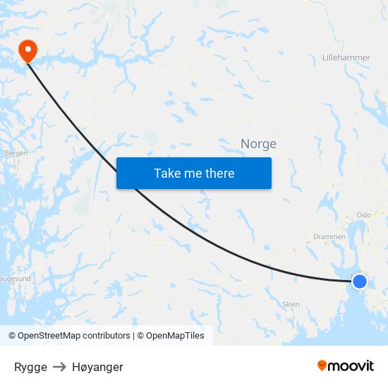 Rygge to Høyanger map