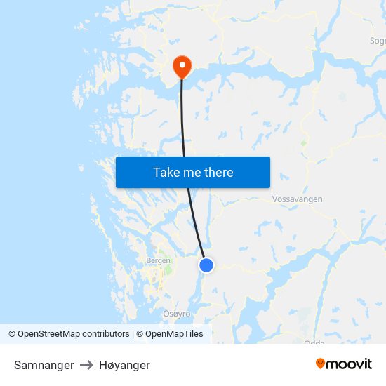 Samnanger to Høyanger map