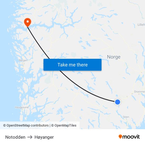 Notodden to Høyanger map