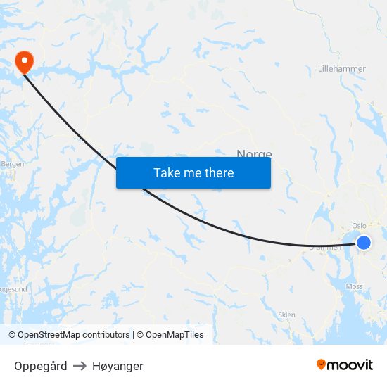 Oppegård to Høyanger map