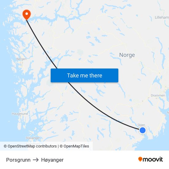 Porsgrunn to Høyanger map