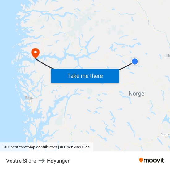 Vestre Slidre to Høyanger map