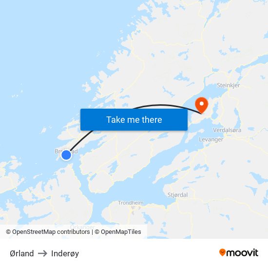 Ørland to Inderøy map