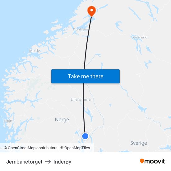 Jernbanetorget to Inderøy map