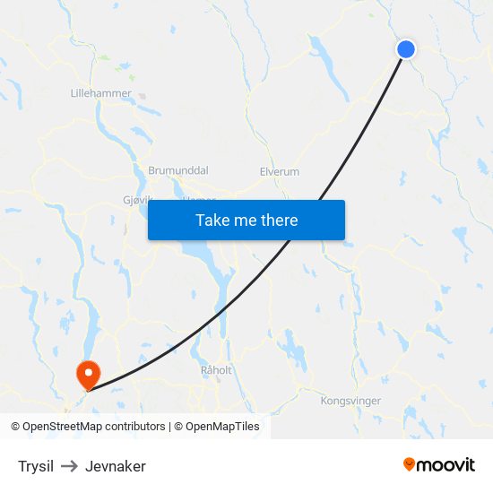 Trysil to Jevnaker map