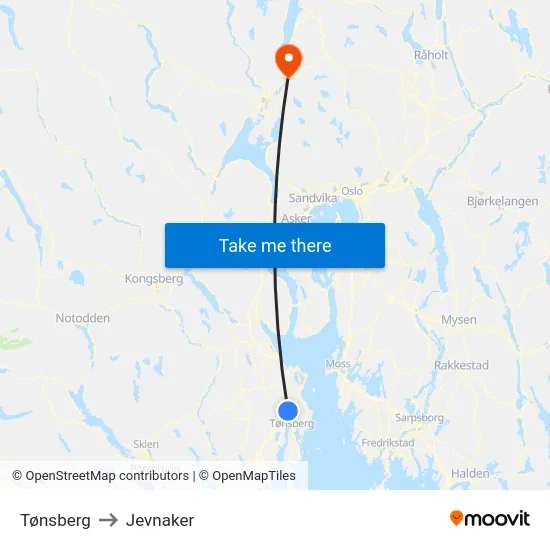 Tønsberg to Jevnaker map