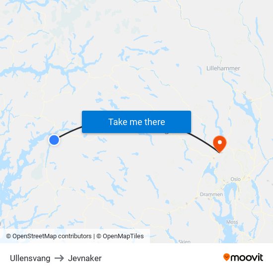 Ullensvang to Jevnaker map