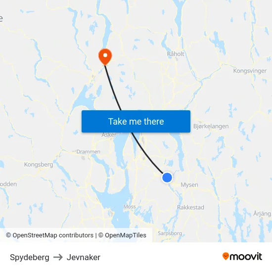 Spydeberg to Jevnaker map