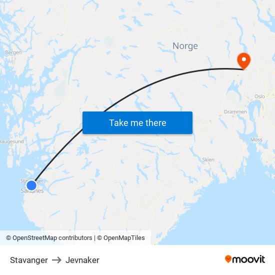 Stavanger to Jevnaker map