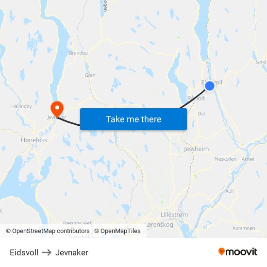 Eidsvoll to Jevnaker map