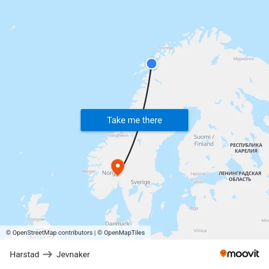 Harstad to Jevnaker map