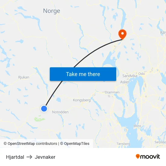 Hjartdal to Jevnaker map