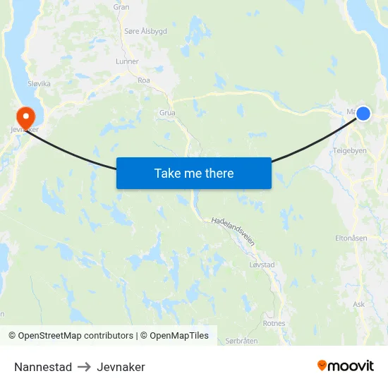 Nannestad to Jevnaker map