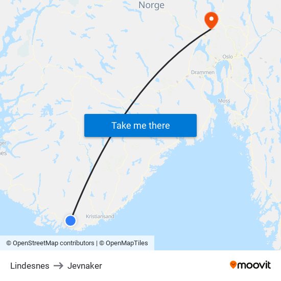 Lindesnes to Jevnaker map