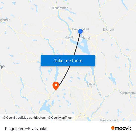 Ringsaker to Jevnaker map