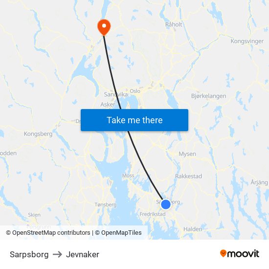 Sarpsborg to Jevnaker map