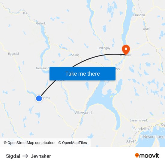 Sigdal to Jevnaker map