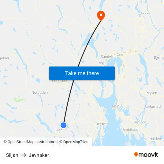 Siljan to Jevnaker map