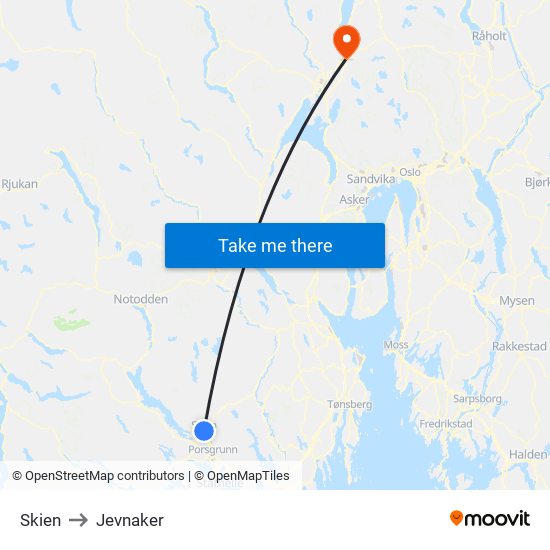 Skien to Jevnaker map