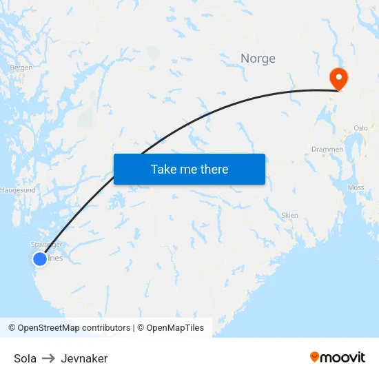 Sola to Jevnaker map