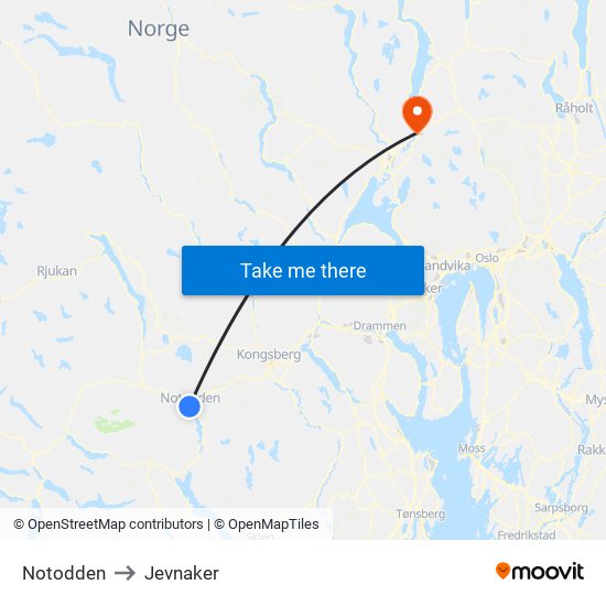 Notodden to Jevnaker map