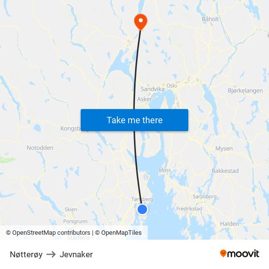 Nøtterøy to Jevnaker map