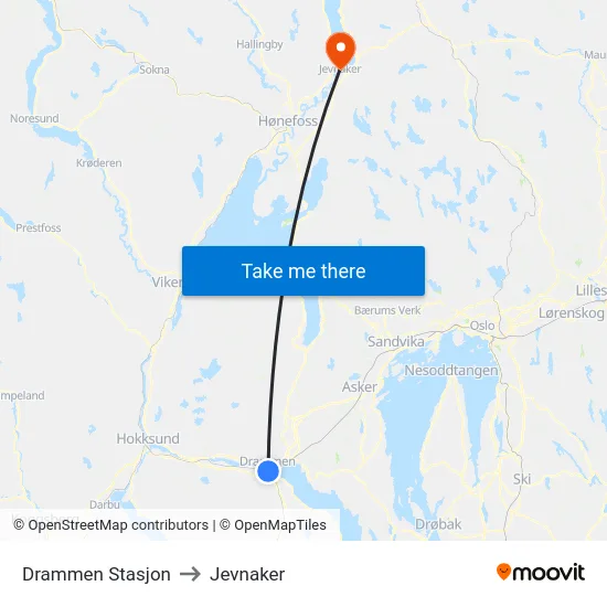 Drammen Stasjon to Jevnaker map
