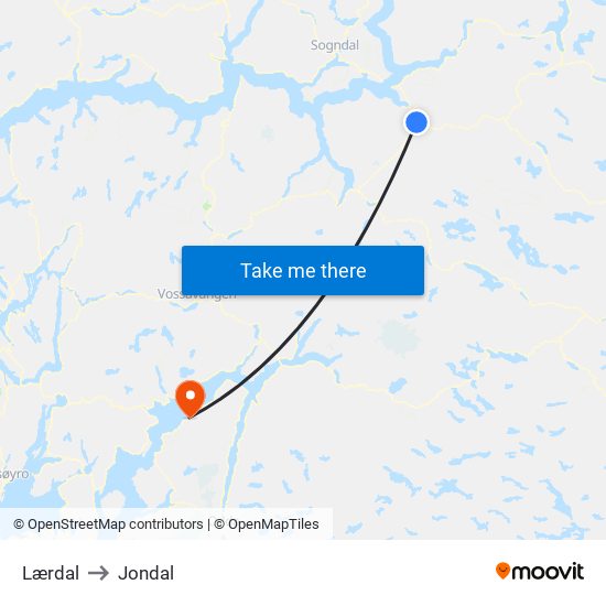 Lærdal to Jondal map