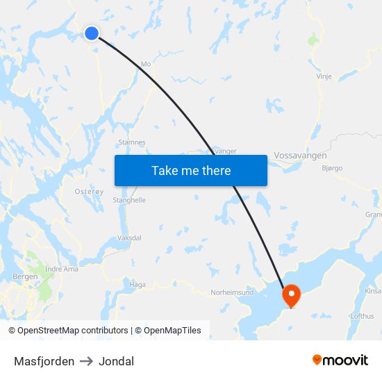 Masfjorden to Jondal map