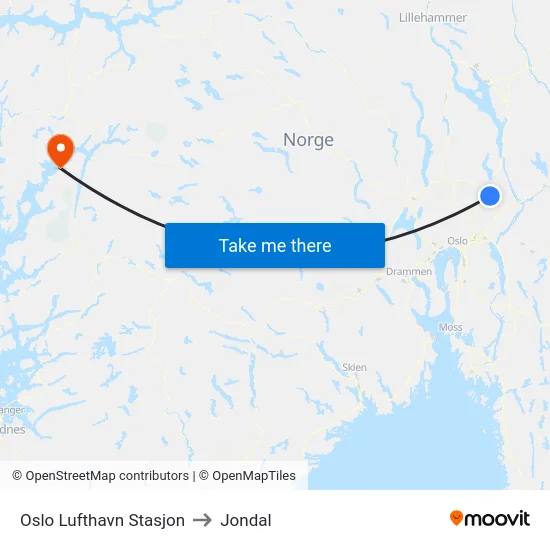 Oslo Lufthavn Stasjon to Jondal map